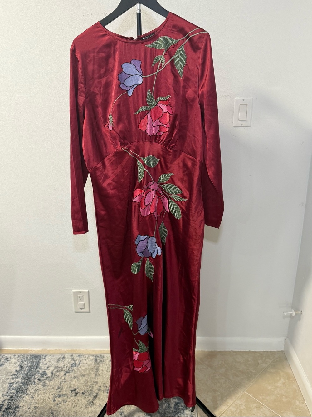 ASOS Design Burgundy Satin Embroidered Floral Maxi Dress Size 14